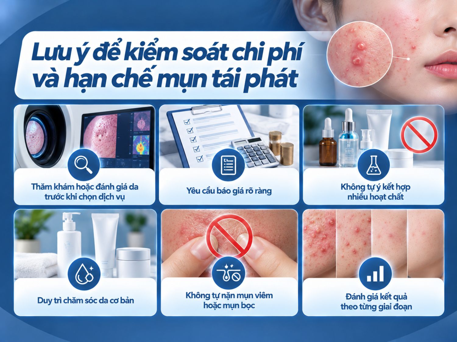 Để kiểm soát chi phí và hạn chế mụn tái phát, nên thăm khám da trước khi điều trị, tìm hiểu rõ bảng giá, duy trì chăm sóc da phù hợp và theo dõi hiệu quả theo từng giai đoạn.