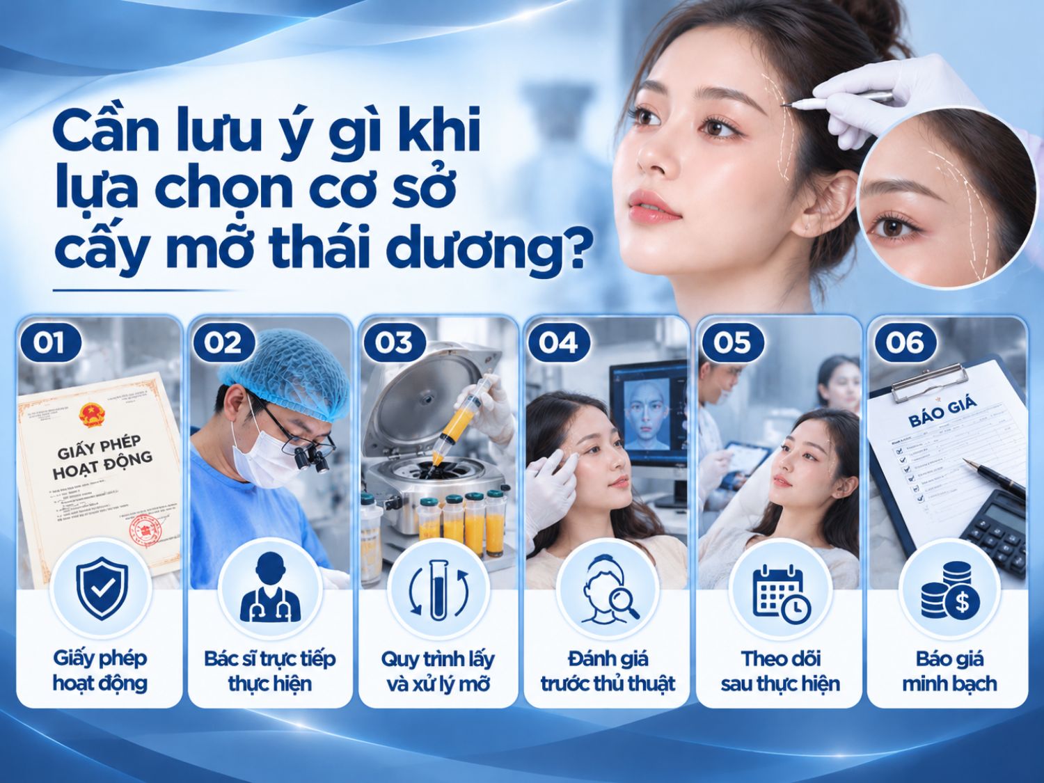 Khi lựa chọn cơ sở cấy mỡ thái dương, khách hàng nên ưu tiên đơn vị được cấp phép phù hợp, có bác sĩ đủ chuyên môn trực tiếp thực hiện và quy trình lấy, xử lý mỡ bảo đảm điều kiện y tế. Đồng thời, cần được thăm khám kỹ, tư vấn rõ ràng về chi phí, rủi ro và kế hoạch theo dõi sau thủ thuật.