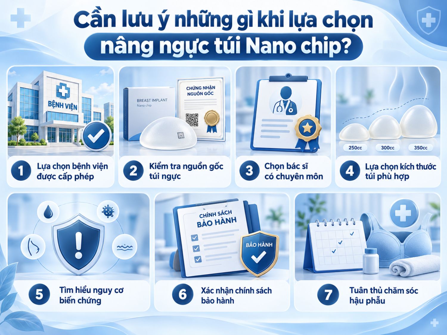 Trước khi nâng ngực túi Nano Chip, khách hàng cần kiểm tra nguồn gốc sản phẩm, lựa chọn bác sĩ có chuyên môn, xác định kích thước túi phù hợp và tìm hiểu kỹ nguy cơ biến chứng, chính sách bảo hành.