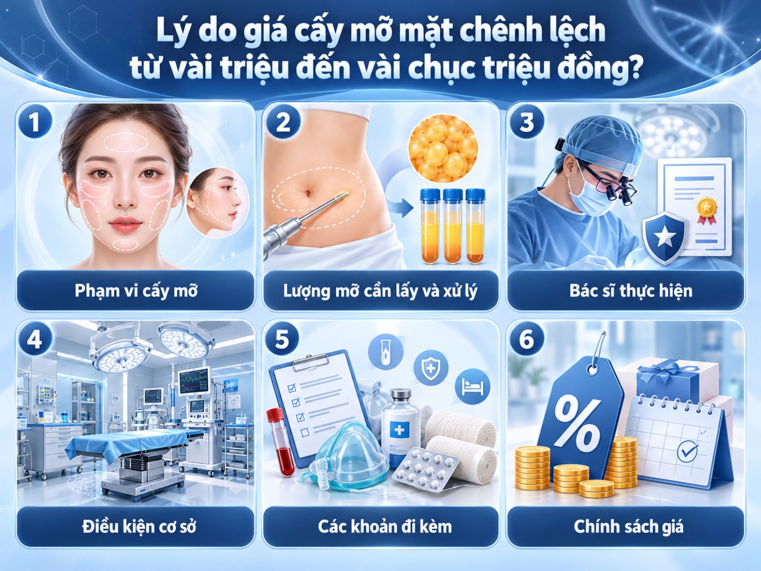 Giá cấy mỡ mặt có sự chênh lệch tùy theo phạm vi thực hiện, lượng mỡ cần lấy và xử lý, chuyên môn bác sĩ cùng các dịch vụ đi kèm.