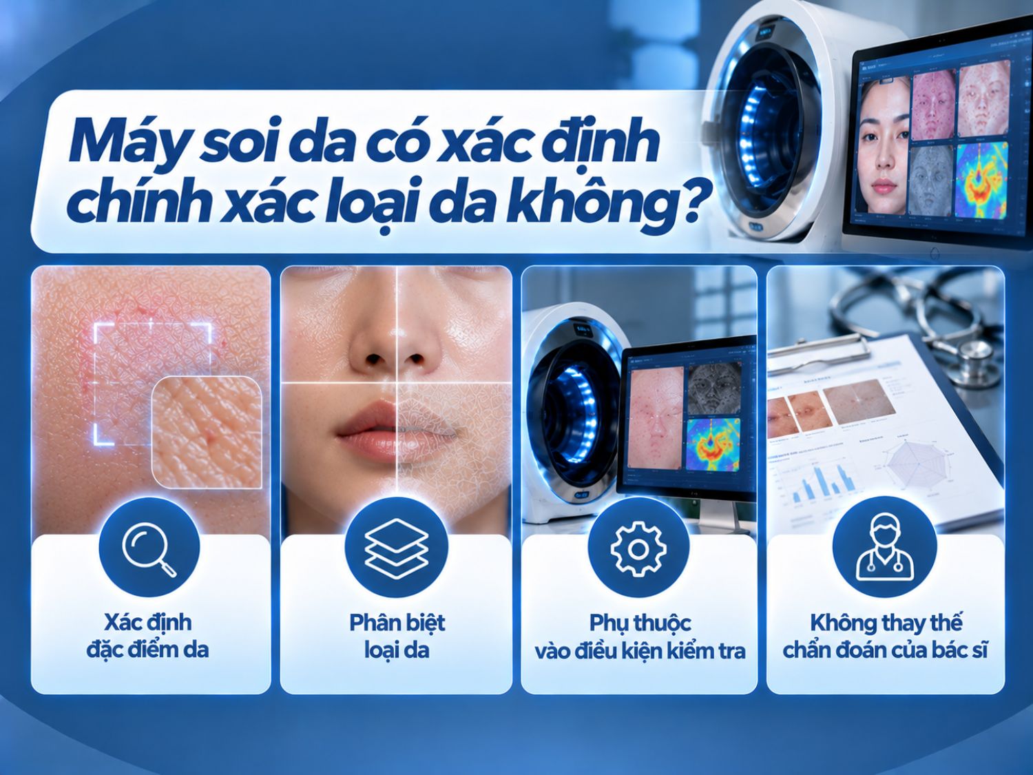 Máy soi da hỗ trợ đánh giá đặc điểm và phân biệt các loại da, nhưng độ chính xác còn phụ thuộc vào thiết bị và điều kiện kiểm tra. Kết quả soi da không thay thế việc thăm khám, chẩn đoán của bác sĩ da liễu.