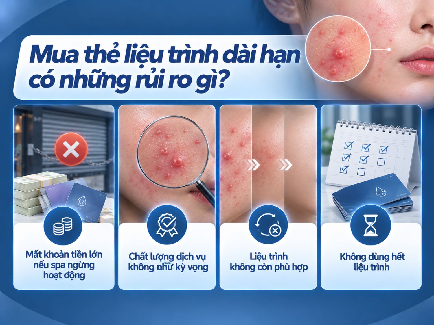 Mua thẻ liệu trình dài hạn có thể tiềm ẩn rủi ro về tài chính, chất lượng dịch vụ và khả năng sử dụng hết liệu trình. Khách hàng nên cân nhắc kỹ trước khi thanh toán trọn gói để tránh những khoản chi phí không cần thiết.