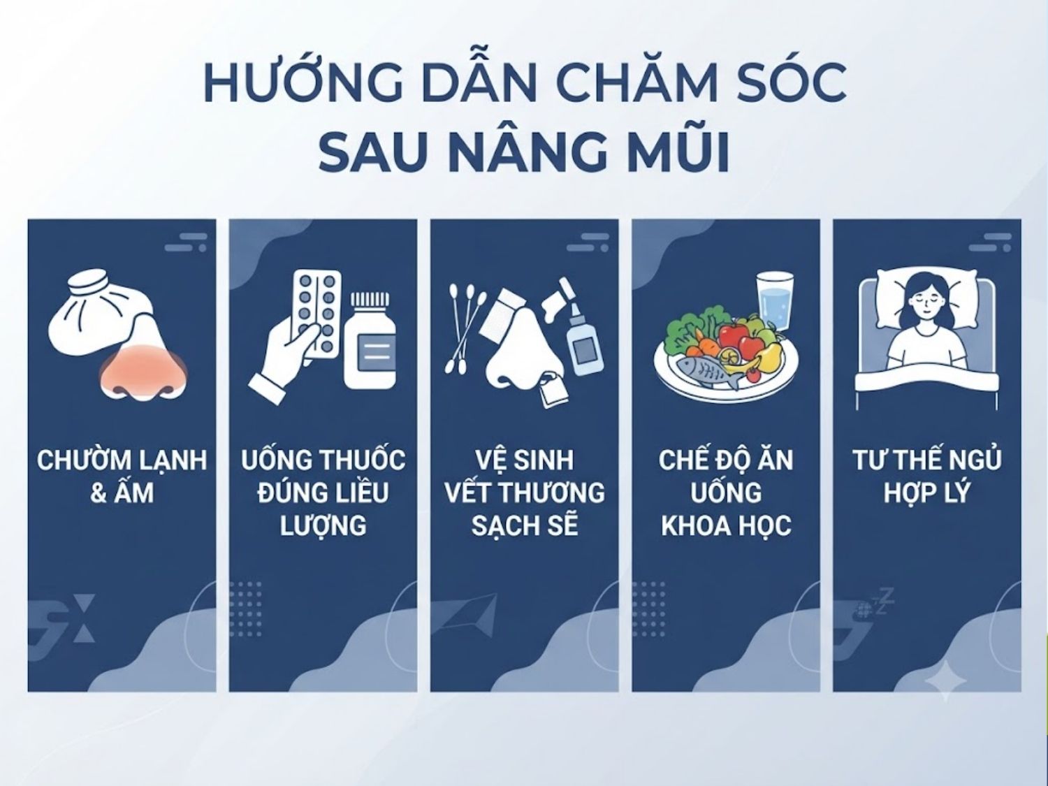 chườm lạnh, chườm ấm, dùng thuốc đúng liều, vệ sinh vết thương cẩn thận sau nâng mũi