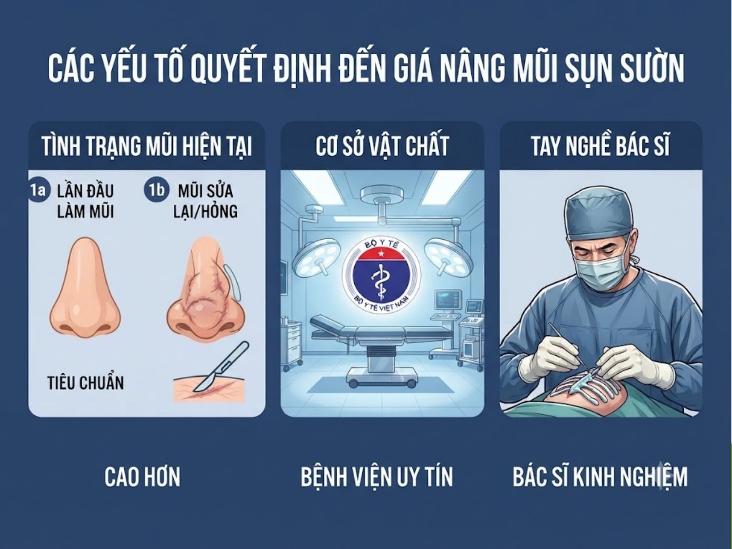 Giá thành nâng mũi sụn sườn được quyết định chủ yếu bởi tình trạng khuyết điểm của dáng mũi hiện tại, chất liệu sụn lựa chọn cũng như cơ sở vật chất và tay nghề bác sĩ thực hiện