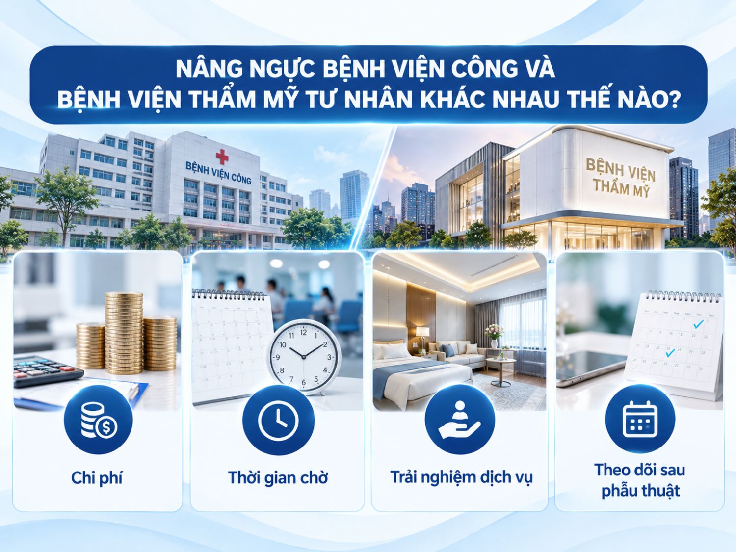 Nâng ngực tại bệnh viện công và bệnh viện thẩm mỹ tư nhân có thể khác nhau về chi phí, thời gian chờ, trải nghiệm dịch vụ và quy trình theo dõi hậu phẫu. Khách hàng nên cân nhắc nhu cầu, ngân sách và điều kiện chuyên môn của từng cơ sở trước khi lựa chọn.