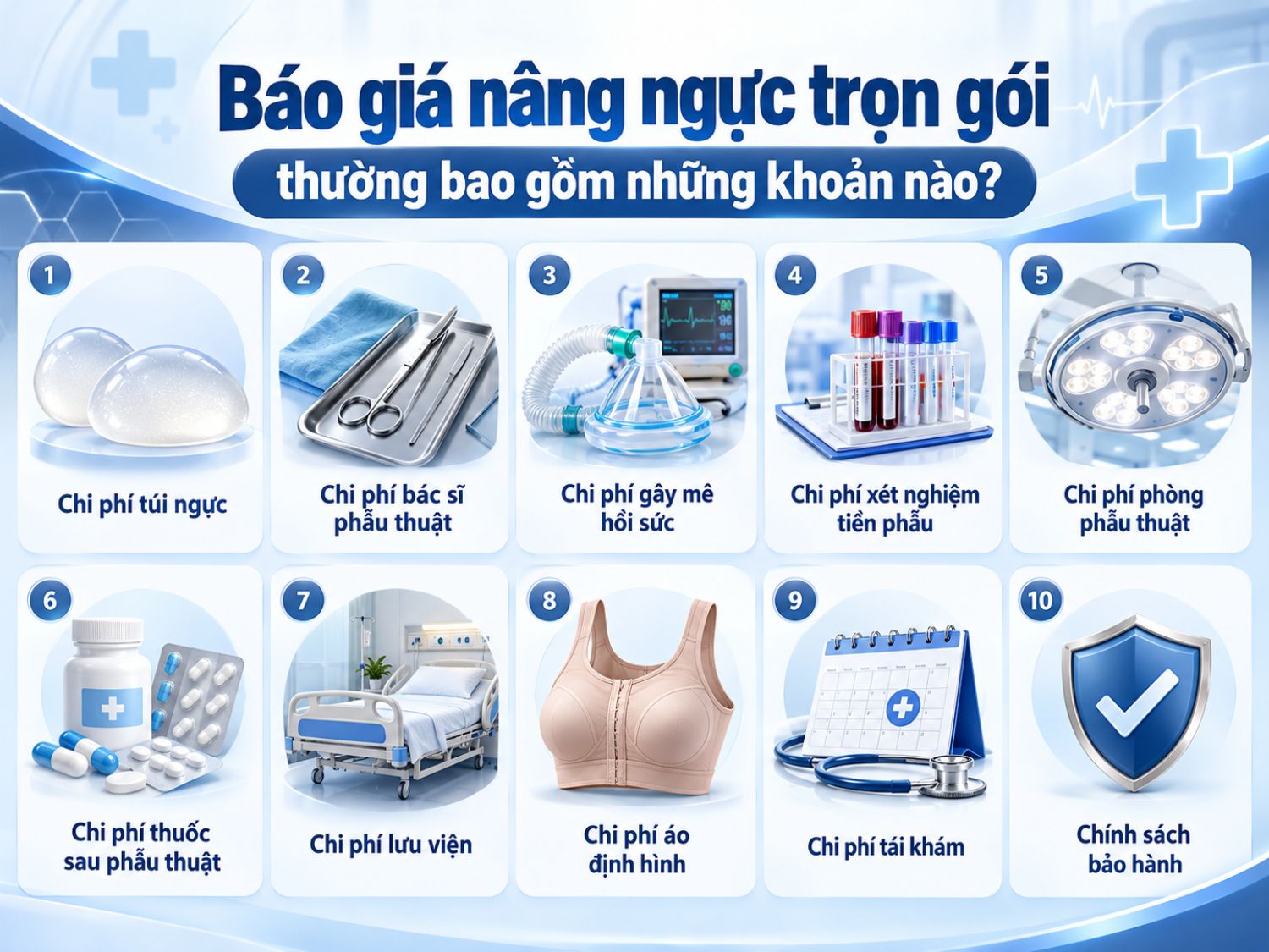 Báo giá nâng ngực trọn gói có thể bao gồm chi phí túi ngực, phẫu thuật, gây mê, xét nghiệm, lưu viện và chăm sóc hậu phẫu. Khách hàng cần xác nhận rõ từng hạng mục với cơ sở thực hiện để tránh phát sinh ngoài dự kiến.