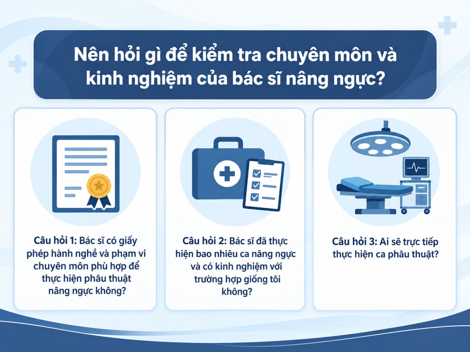 Trước khi nâng ngực, khách hàng nên tìm hiểu giấy phép hành nghề, phạm vi chuyên môn và kinh nghiệm thực tế của bác sĩ, đặc biệt với những trường hợp có đặc điểm cơ thể tương tự. Đồng thời, cần xác nhận rõ bác sĩ nào sẽ trực tiếp thực hiện ca phẫu thuật để chủ động đánh giá mức độ phù hợp và an toàn.