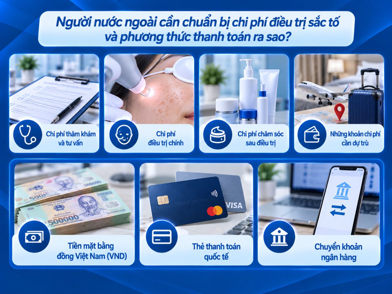 Người nước ngoài nên tìm hiểu trước chi phí thăm khám, điều trị sắc tố, chăm sóc sau điều trị và các khoản phát sinh. Đồng thời, cần xác nhận với cơ sở về phương thức thanh toán được chấp nhận để chủ động chuẩn bị tài chính.
