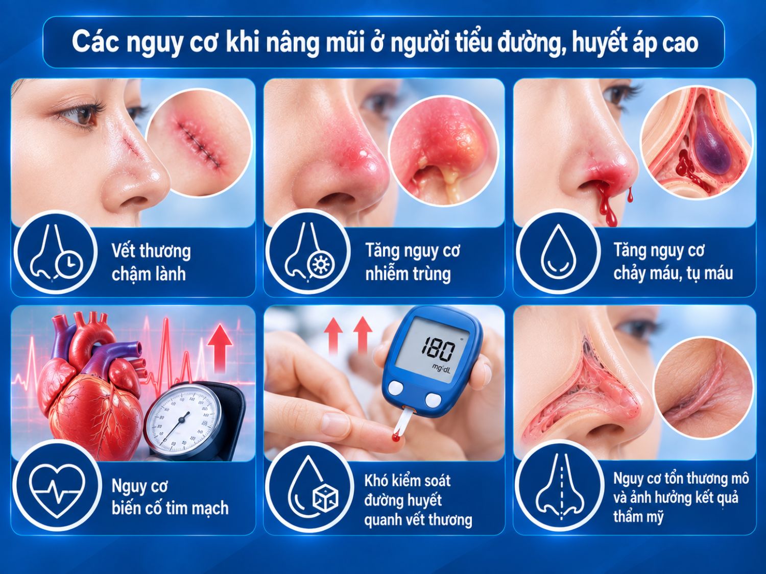 Tiểu đường hoặc huyết áp cao kiểm soát chưa tốt có thể làm tăng nguy cơ chậm lành thương, nhiễm trùng, chảy máu, tụ máu, biến cố tim mạch và ảnh hưởng quá trình phục hồi sau nâng mũi.