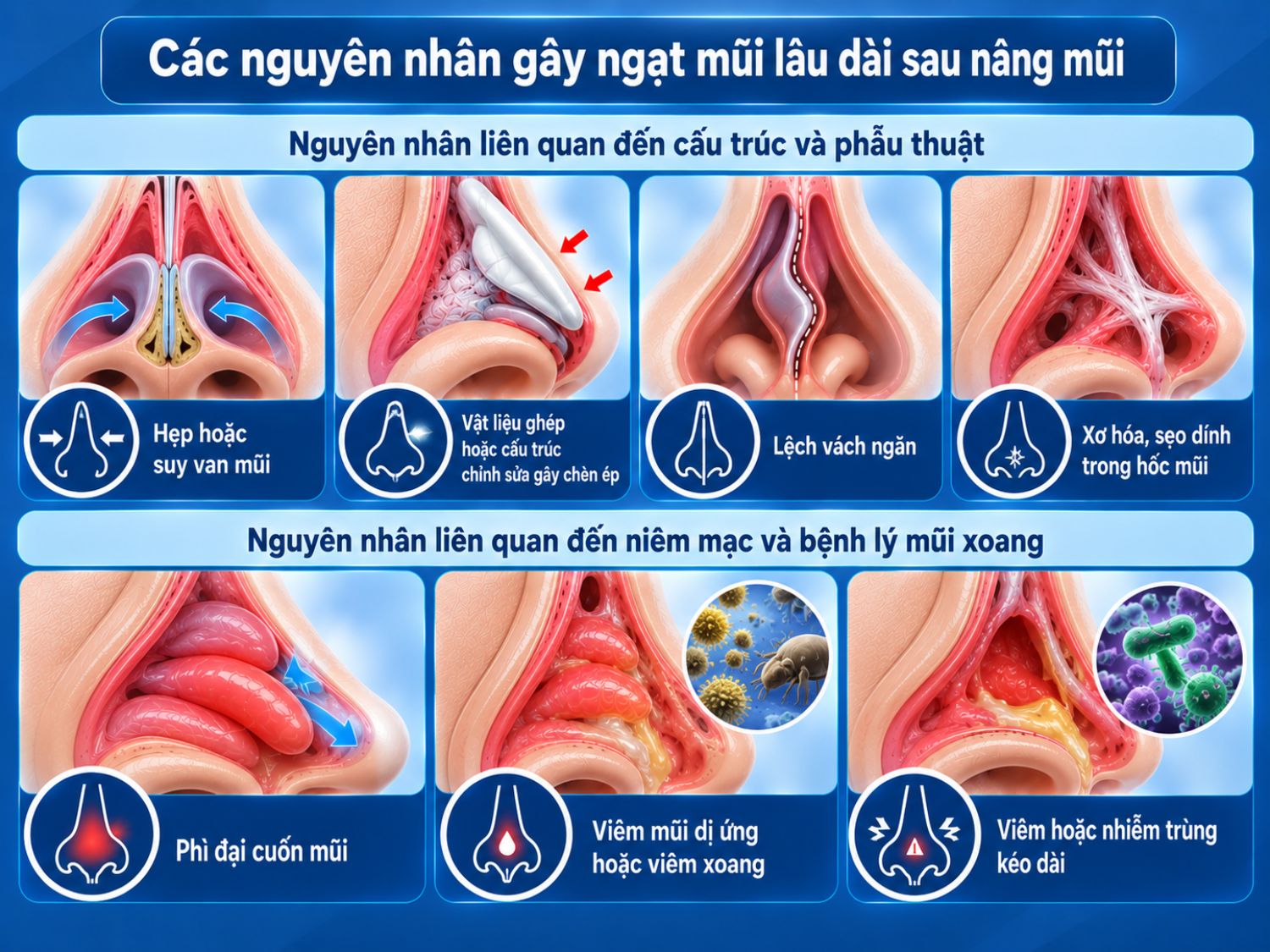 Ngạt mũi kéo dài sau nâng có thể liên quan đến hẹp van mũi, lệch vách ngăn, sẹo dính, vật liệu chèn ép, phì đại cuốn mũi hoặc các bệnh lý viêm mũi xoang.