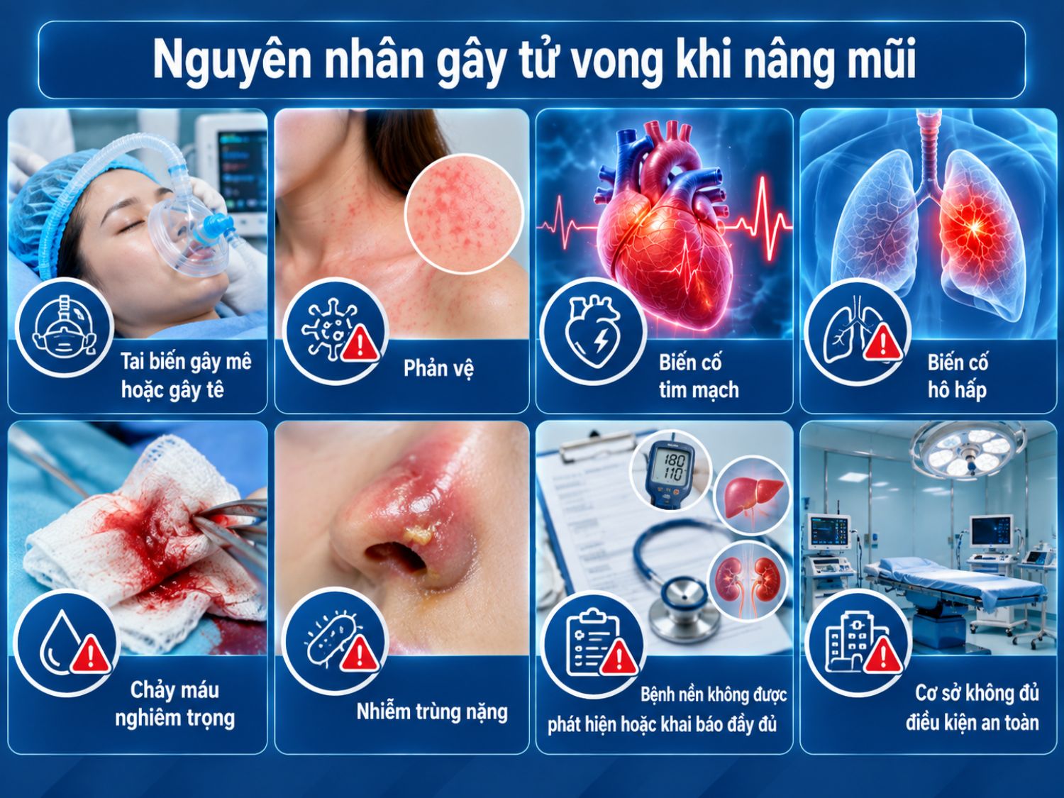 Các biến cố nghiêm trọng khi nâng mũi có thể liên quan đến gây mê – gây tê, phản vệ, tim mạch, hô hấp, chảy máu, nhiễm trùng, bệnh nền hoặc điều kiện an toàn của cơ sở thực hiện.