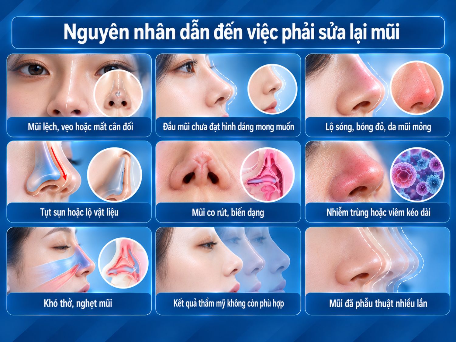 Mũi có thể cần chỉnh sửa lại khi xuất hiện lệch vẹo, lộ sóng, tụt sụn, co rút, nhiễm trùng, khó thở hoặc kết quả thẩm mỹ không còn phù hợp.