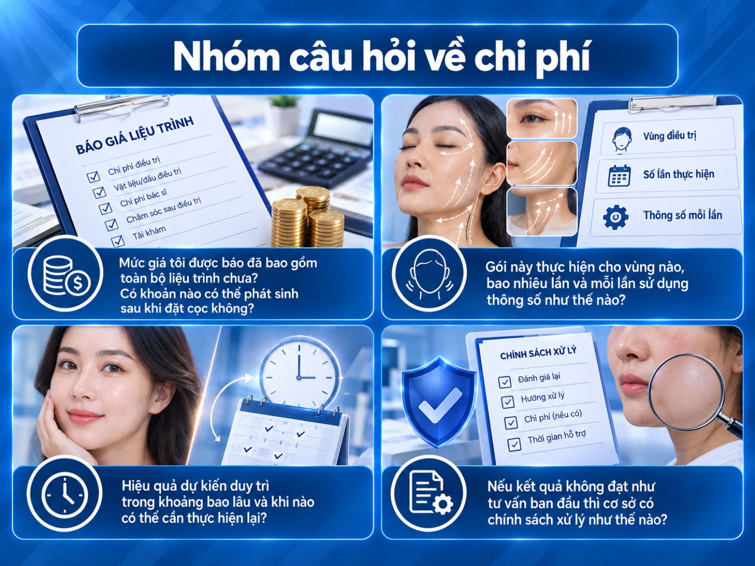 Nên làm rõ tổng chi phí, vùng điều trị, số lần thực hiện, thông số mỗi lần, thời gian duy trì hiệu quả và chính sách xử lý nếu kết quả không như tư vấn ban đầu.
