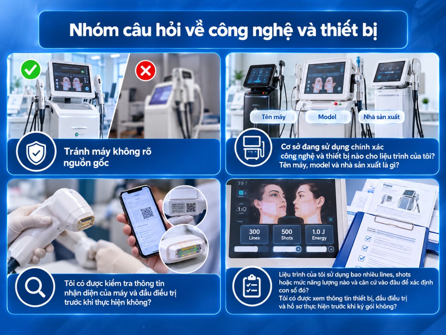 Trước khi lựa chọn liệu trình, khách hàng nên tìm hiểu rõ tên máy, model, nhà sản xuất, đầu điều trị và thông số sử dụng để hạn chế lựa chọn thiết bị không rõ nguồn gốc.