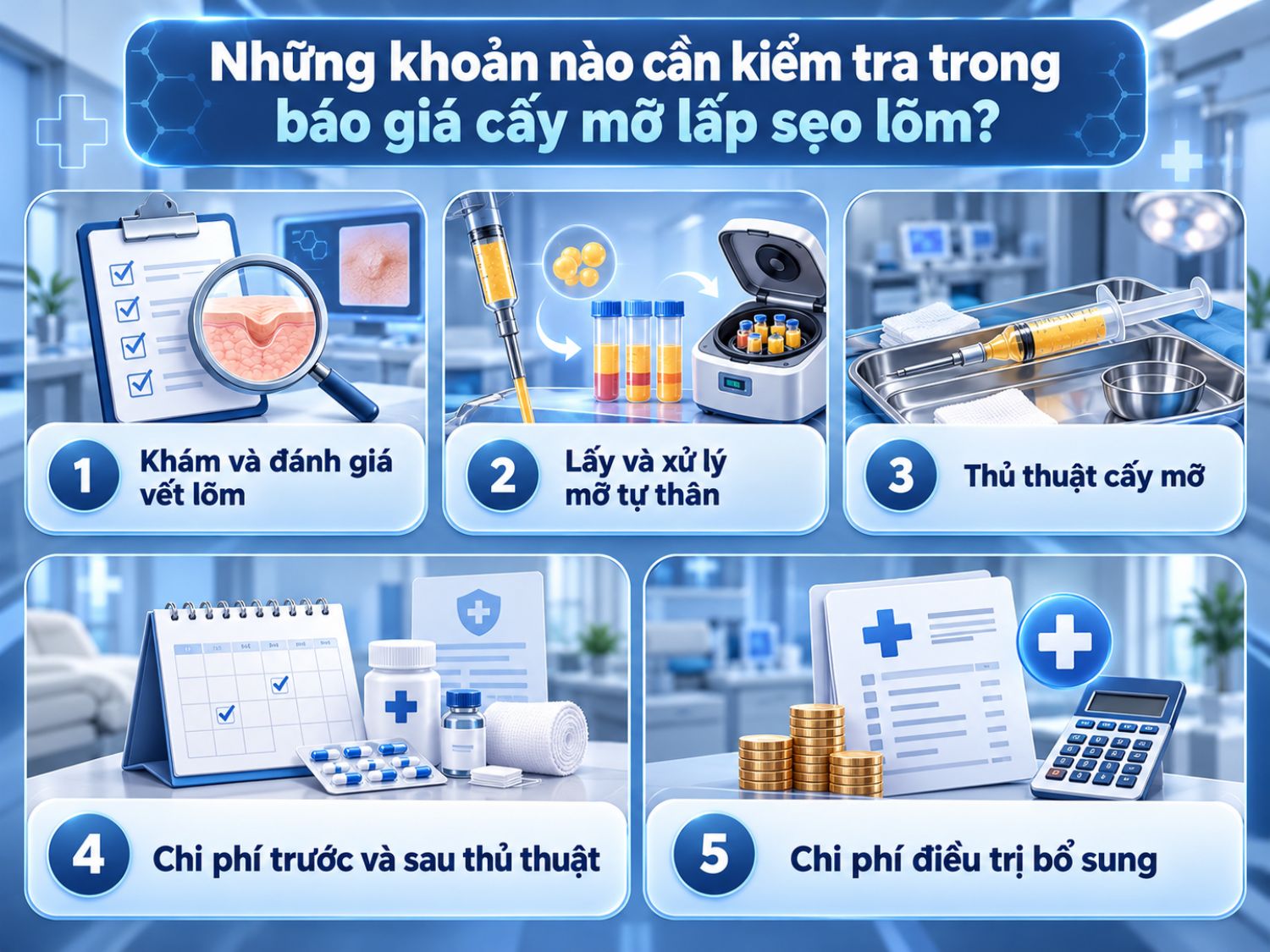 Khi xem báo giá cấy mỡ lấp sẹo lõm, cần kiểm tra đầy đủ các khoản từ thăm khám, lấy và xử lý mỡ đến chăm sóc hậu thủ thuật và chi phí điều trị bổ sung nếu có.