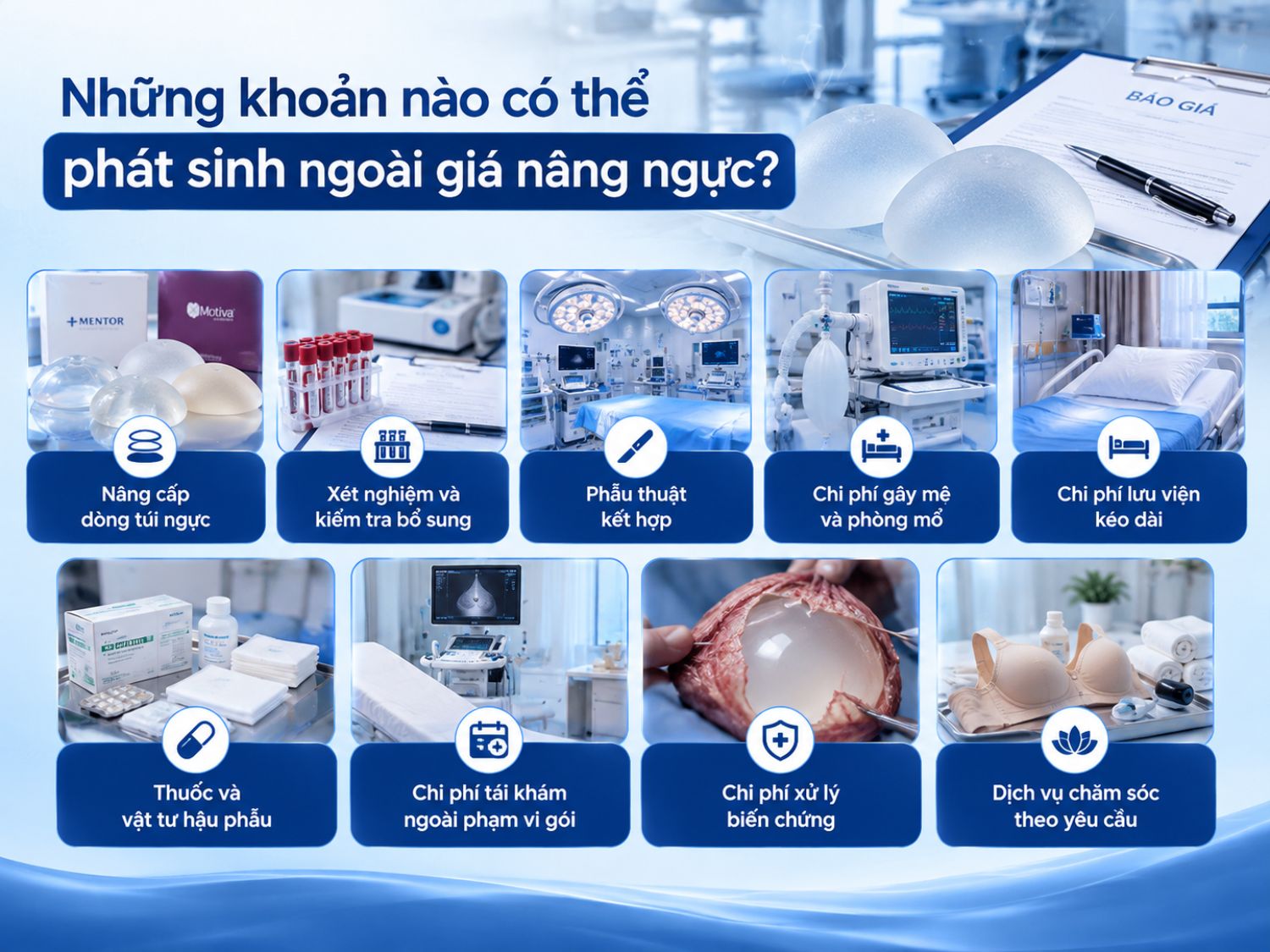 Ngoài mức giá nâng ngực ban đầu, khách hàng có thể phát sinh thêm chi phí nâng cấp túi, xét nghiệm, phẫu thuật kết hợp, lưu viện kéo dài hoặc chăm sóc theo yêu cầu. Các khoản này phụ thuộc vào tình trạng thực tế và chính sách của từng bệnh viện.
