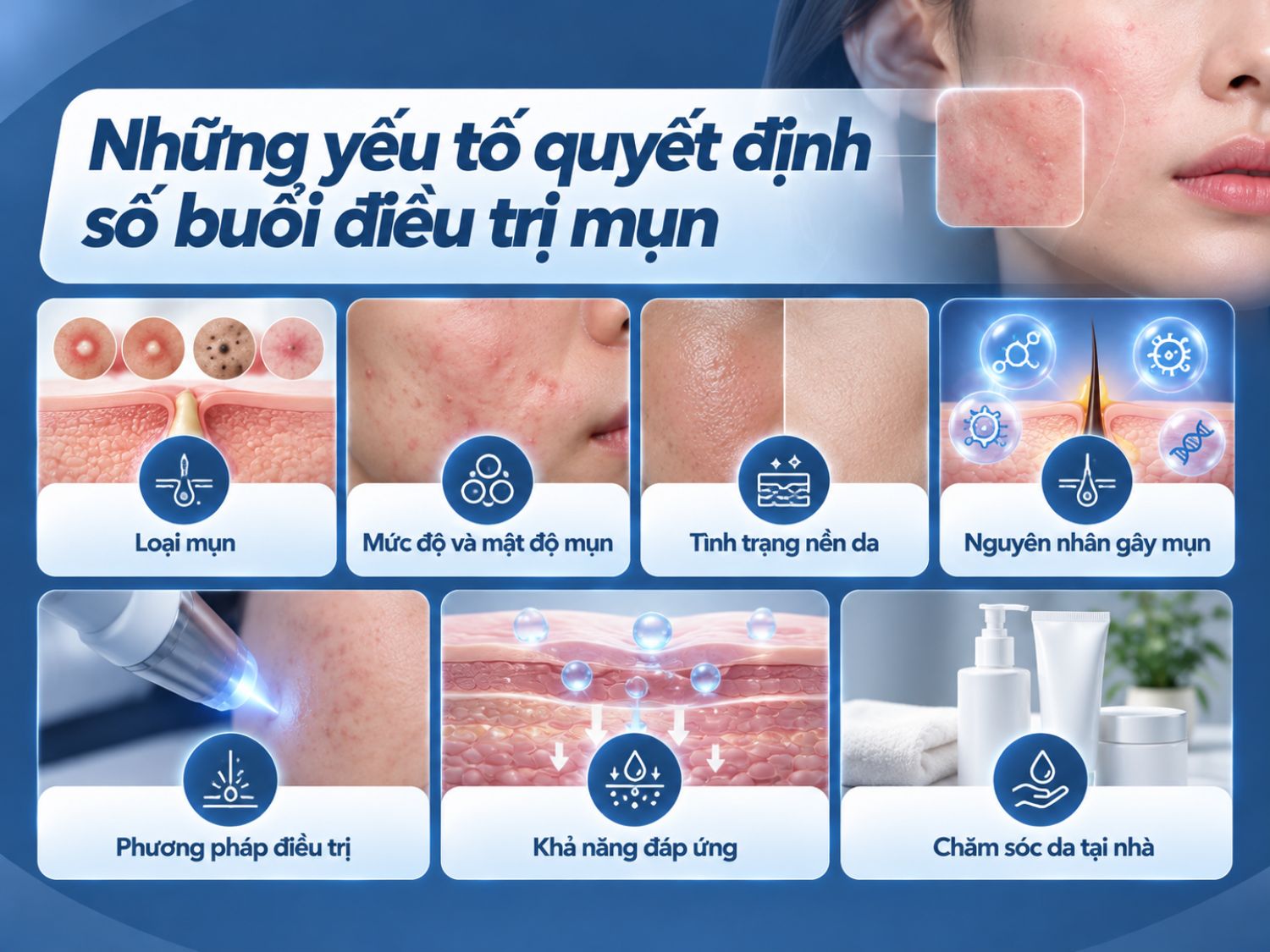 Số buổi điều trị mụn phụ thuộc vào loại mụn, mức độ tổn thương, tình trạng nền da và khả năng đáp ứng của từng người. Bác sĩ da liễu sẽ đánh giá tình trạng da để xây dựng phác đồ phù hợp, đồng thời hướng dẫn chăm sóc tại nhà nhằm hỗ trợ hiệu quả điều trị.