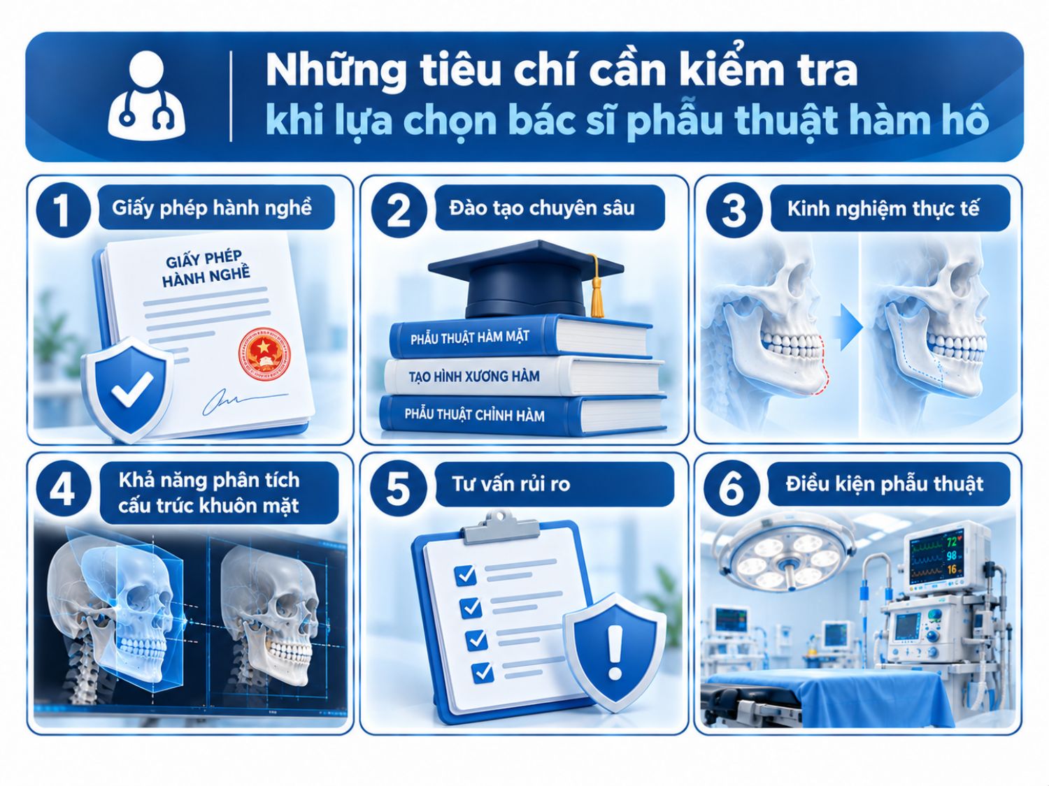 ảnh mô tả Khi lựa chọn bác sĩ phẫu thuật hàm hô, khách hàng cần xem xét giấy phép hành nghề, đào tạo chuyên sâu, kinh nghiệm phẫu thuật xương hàm, khả năng lập kế hoạch tạo hình và điều kiện của cơ sở thực hiện