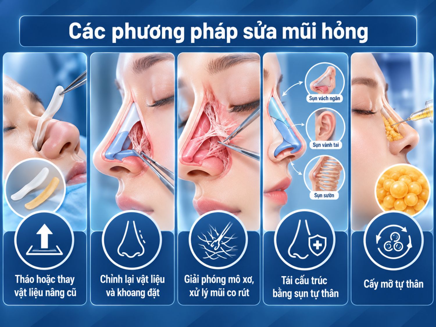 Tùy tình trạng, bác sĩ có thể tháo hoặc thay vật liệu cũ, chỉnh lại khoang đặt, giải phóng mô xơ, tái cấu trúc bằng sụn tự thân hoặc cấy mỡ hỗ trợ.