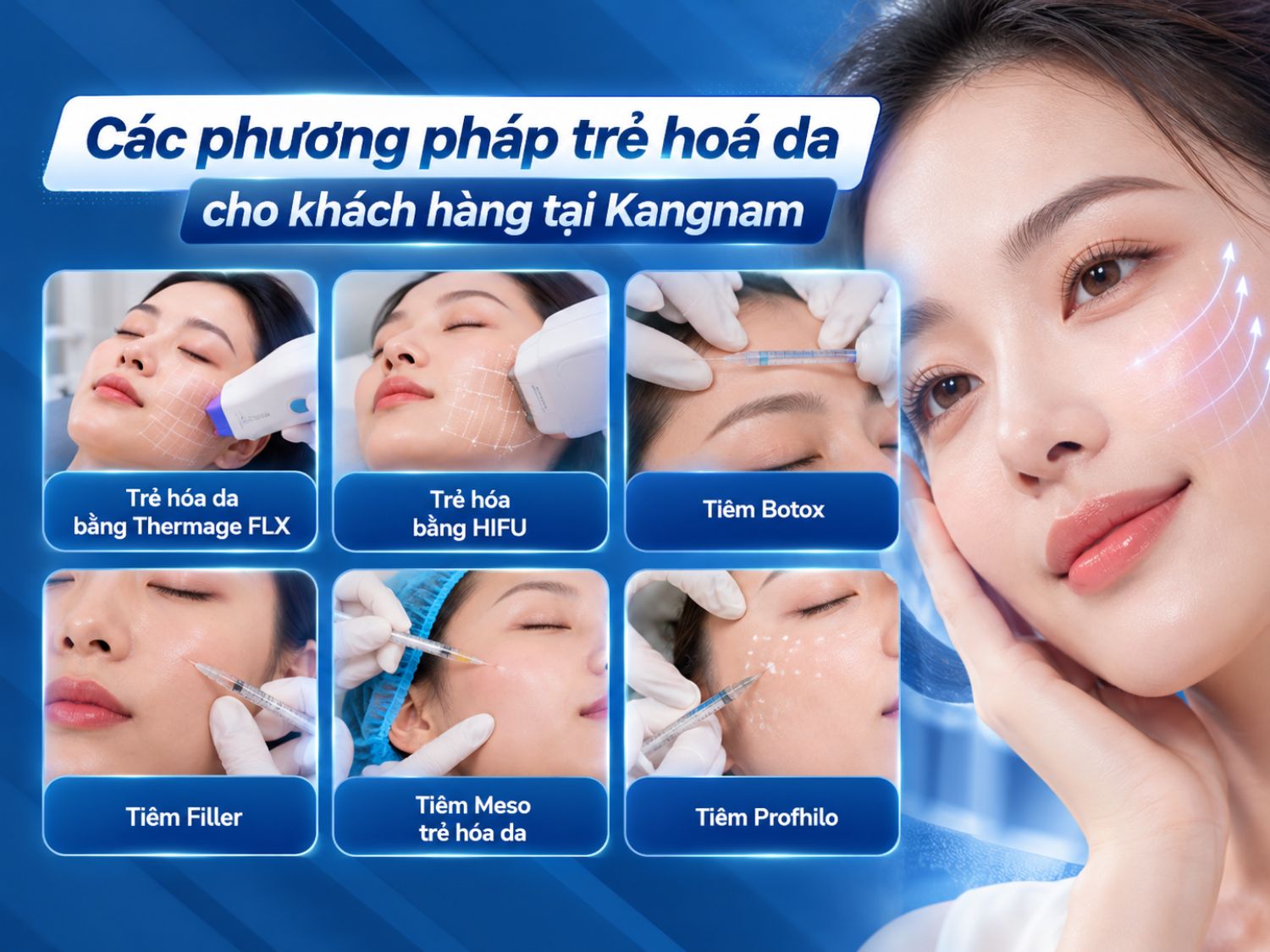 Kangnam cung cấp đa dạng phương pháp trẻ hóa da từ công nghệ nâng cơ Thermage FLX, HIFU đến tiêm Botox, Filler, Meso và Profhilo, giúp cải thiện các dấu hiệu lão hóa theo tình trạng da và nhu cầu của từng khách hàng.