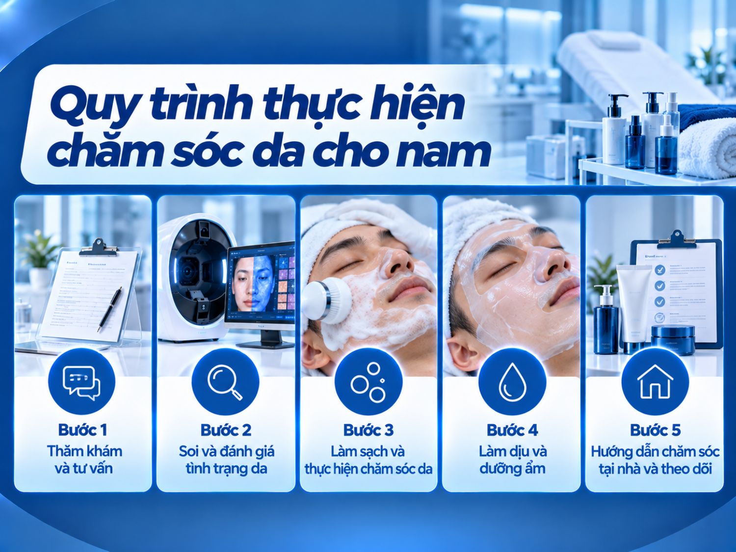 Quy trình chăm sóc da cho nam giới thường bắt đầu bằng thăm khám, soi và đánh giá tình trạng da, sau đó làm sạch, thực hiện các bước chăm sóc phù hợp, làm dịu và dưỡng ẩm. Khách hàng được hướng dẫn chăm sóc tại nhà và theo dõi tình trạng da sau liệu trình.