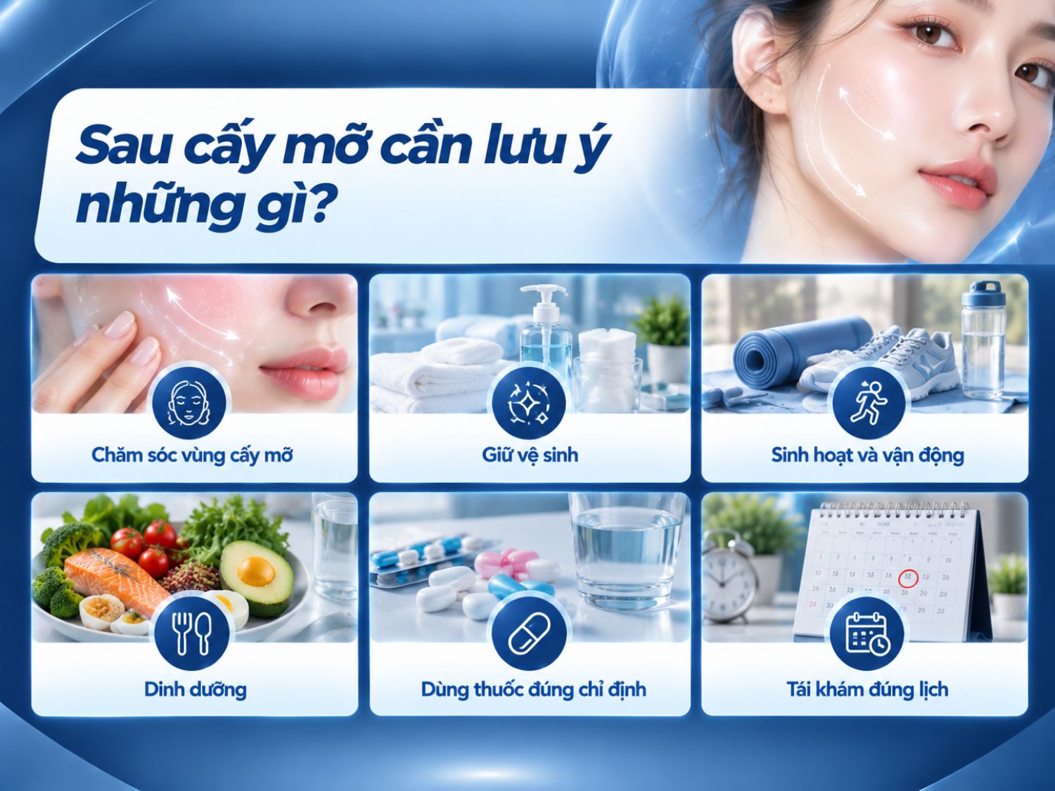 Sau cấy mỡ tự thân, khách hàng cần giữ vệ sinh vùng điều trị, tránh va chạm hoặc tạo áp lực lên vùng cấy, vận động phù hợp và duy trì chế độ dinh dưỡng đầy đủ. Đồng thời, cần sử dụng thuốc theo chỉ định của bác sĩ và tái khám đúng lịch để theo dõi quá trình hồi phục, phát hiện sớm các dấu hiệu bất thường.