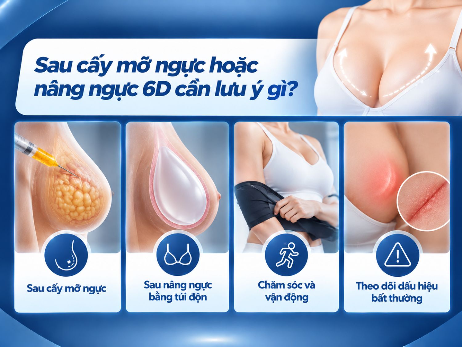 Sau cấy mỡ ngực hoặc nâng ngực bằng túi độn, khách hàng cần tuân thủ hướng dẫn chăm sóc hậu phẫu, hạn chế vận động mạnh và tránh tác động lên vùng ngực trong thời gian đầu. Đồng thời, cần tái khám đúng lịch và liên hệ bác sĩ ngay khi xuất hiện các dấu hiệu bất thường như đau tăng, sưng đỏ kéo dài, sốt hoặc chảy dịch tại vết mổ.