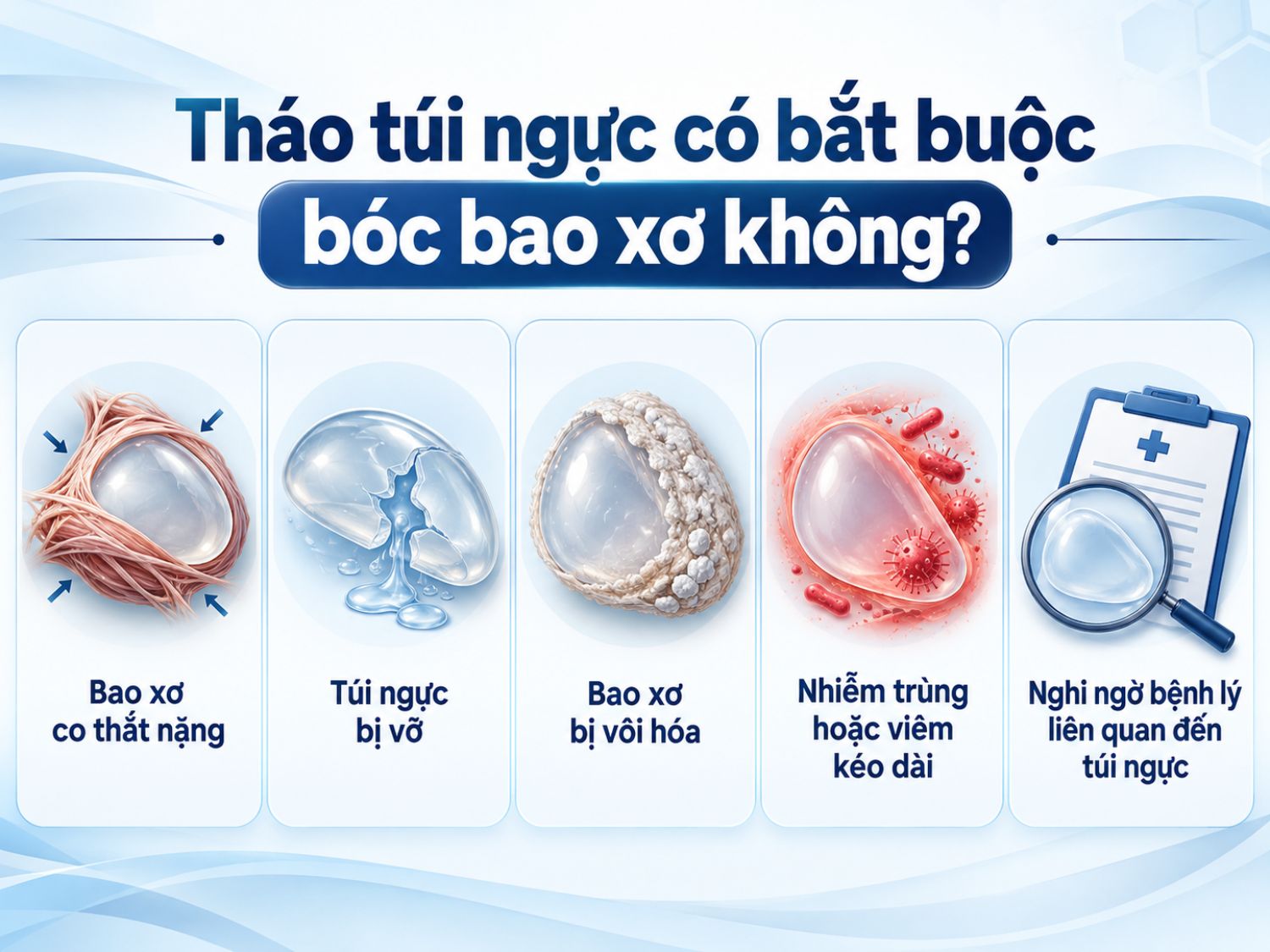Tháo túi ngực không bắt buộc phải bóc bao xơ trong mọi trường hợp. Bác sĩ sẽ cân nhắc bóc một phần hoặc toàn bộ bao xơ khi có co thắt nặng, vỡ túi, vôi hóa, nhiễm trùng hoặc nghi ngờ bệnh lý liên quan, dựa trên đánh giá thực tế.