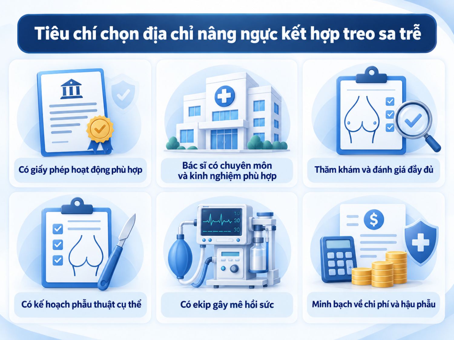 Khi lựa chọn địa chỉ nâng ngực kết hợp treo sa trễ, khách hàng nên ưu tiên cơ sở có giấy phép phù hợp, bác sĩ giàu kinh nghiệm, quy trình thăm khám và lập kế hoạch phẫu thuật rõ ràng. Đồng thời, cần tìm hiểu điều kiện gây mê hồi sức, chi phí và chính sách chăm sóc hậu phẫu để hạn chế rủi ro.