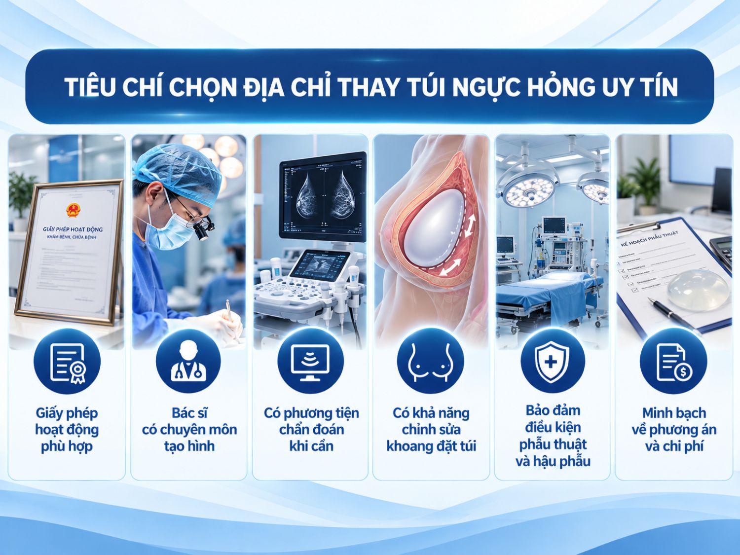 Khi lựa chọn cơ sở thay túi ngực hỏng, khách hàng nên ưu tiên bệnh viện có giấy phép phù hợp, bác sĩ chuyên môn về phẫu thuật tạo hình, phương tiện chẩn đoán và khả năng xử lý các vấn đề liên quan đến khoang đặt túi. Đồng thời, cần tìm hiểu điều kiện phẫu thuật, chăm sóc hậu phẫu và yêu cầu tư vấn rõ phương án điều trị cùng chi phí trước khi thực hiện.