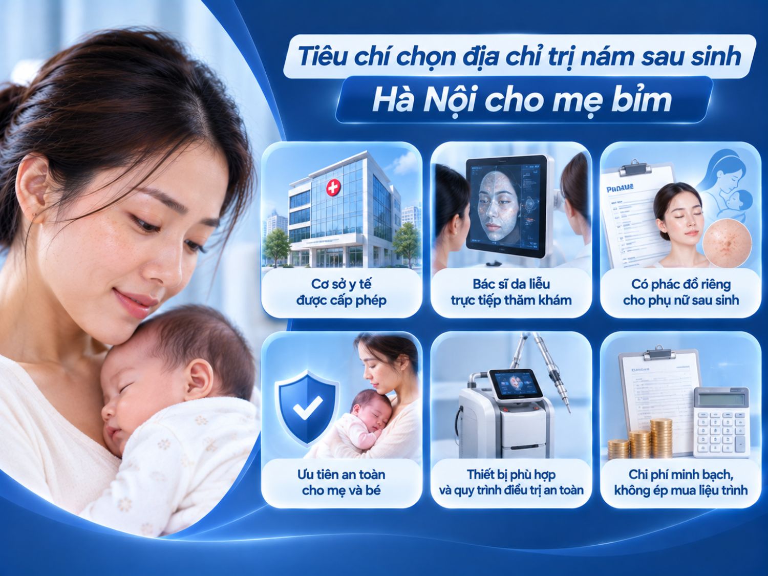 Mẹ bỉm nên ưu tiên cơ sở y tế được cấp phép, có bác sĩ da liễu trực tiếp thăm khám, phác đồ cá nhân hóa và phương pháp điều trị phù hợp, chú trọng an toàn cho mẹ và bé.