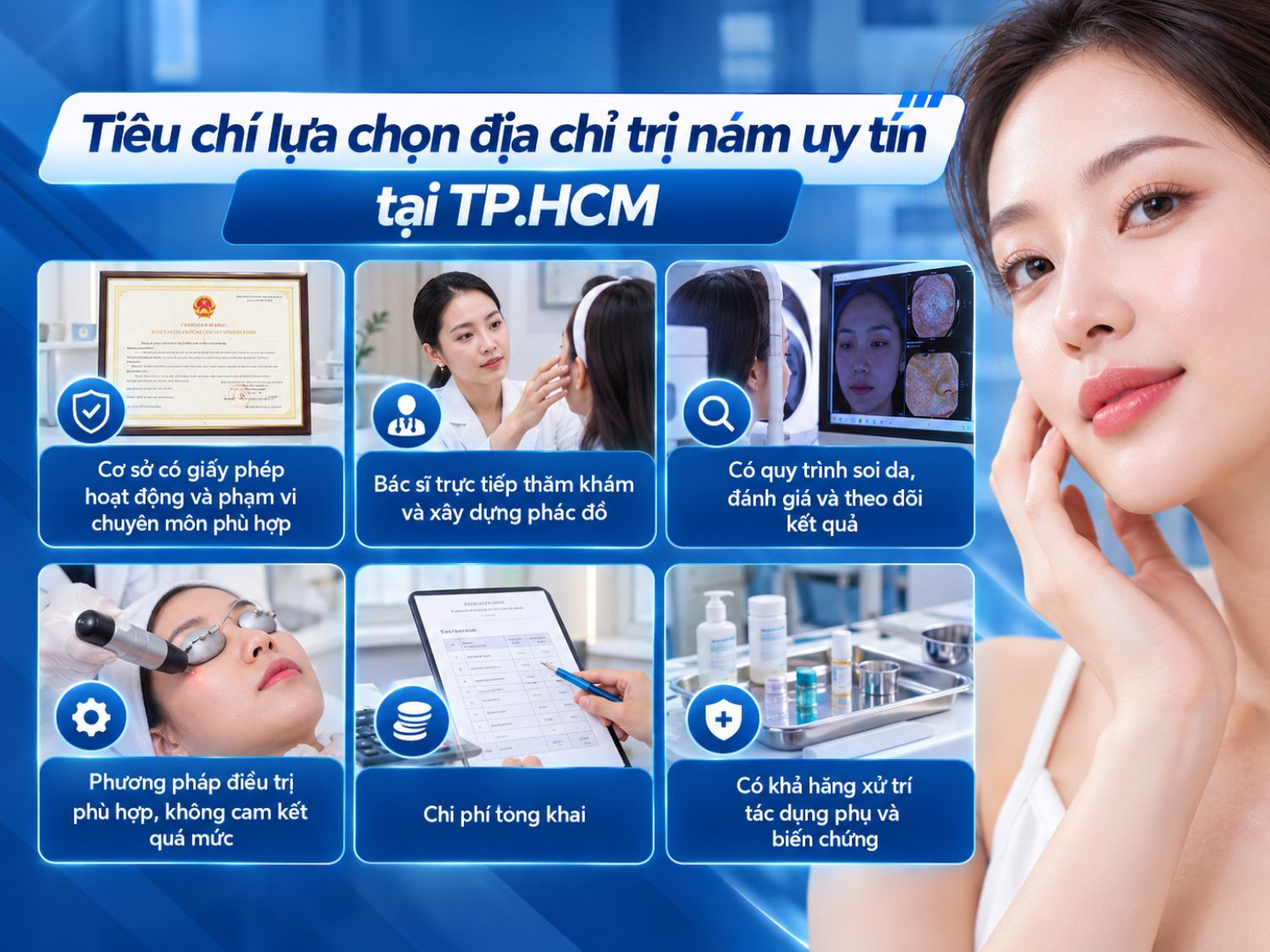 Khi lựa chọn địa chỉ trị nám tại TP.HCM, khách hàng nên ưu tiên cơ sở được cấp phép, có bác sĩ trực tiếp thăm khám, phác đồ phù hợp, chi phí minh bạch và quy trình theo dõi an toàn.