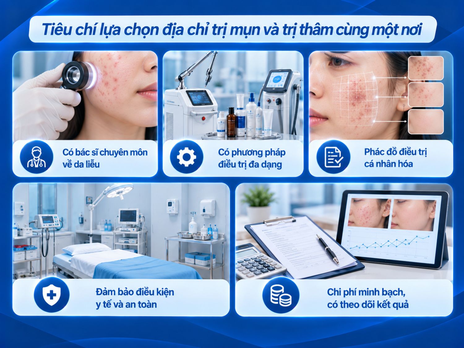 Nên lựa chọn cơ sở trị mụn và thâm có bác sĩ chuyên môn, phương pháp điều trị phù hợp, quy trình an toàn, chi phí rõ ràng và theo dõi kết quả trong suốt liệu trình.