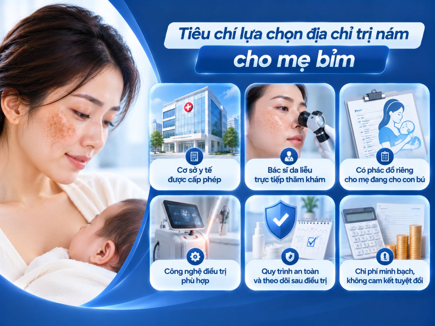 Mẹ bỉm nên lựa chọn cơ sở y tế được cấp phép, có bác sĩ da liễu trực tiếp thăm khám, xây dựng phác đồ phù hợp với giai đoạn cho con bú và theo dõi sau điều trị.
