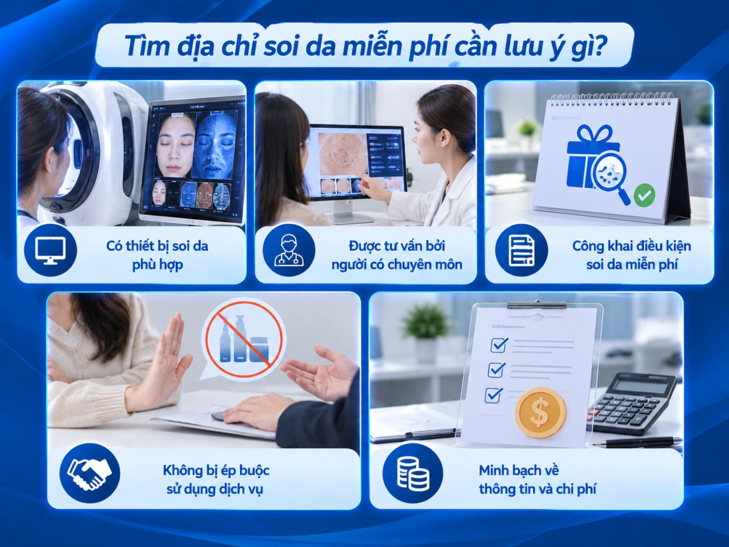 Khi tìm địa chỉ soi da miễn phí, khách hàng nên ưu tiên cơ sở có thiết bị phù hợp, người tư vấn có chuyên môn, công khai điều kiện áp dụng và không ép buộc sử dụng dịch vụ.