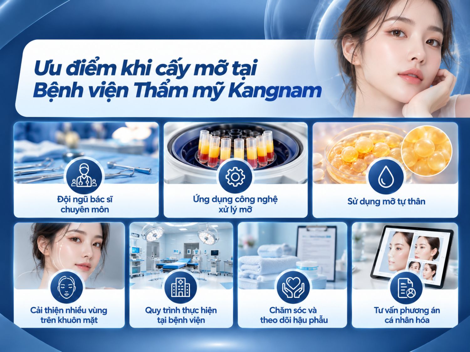 11Cấy mỡ tự thân tại Bệnh viện Thẩm mỹ Kangnam sử dụng mô mỡ của chính khách hàng để bổ sung thể tích cho các vùng khuôn mặt bị hóp, lõm. Quy trình chú trọng chuyên môn bác sĩ, công nghệ xử lý mỡ, tư vấn phương án phù hợp với từng người và chăm sóc, theo dõi sau phẫu thuật.
