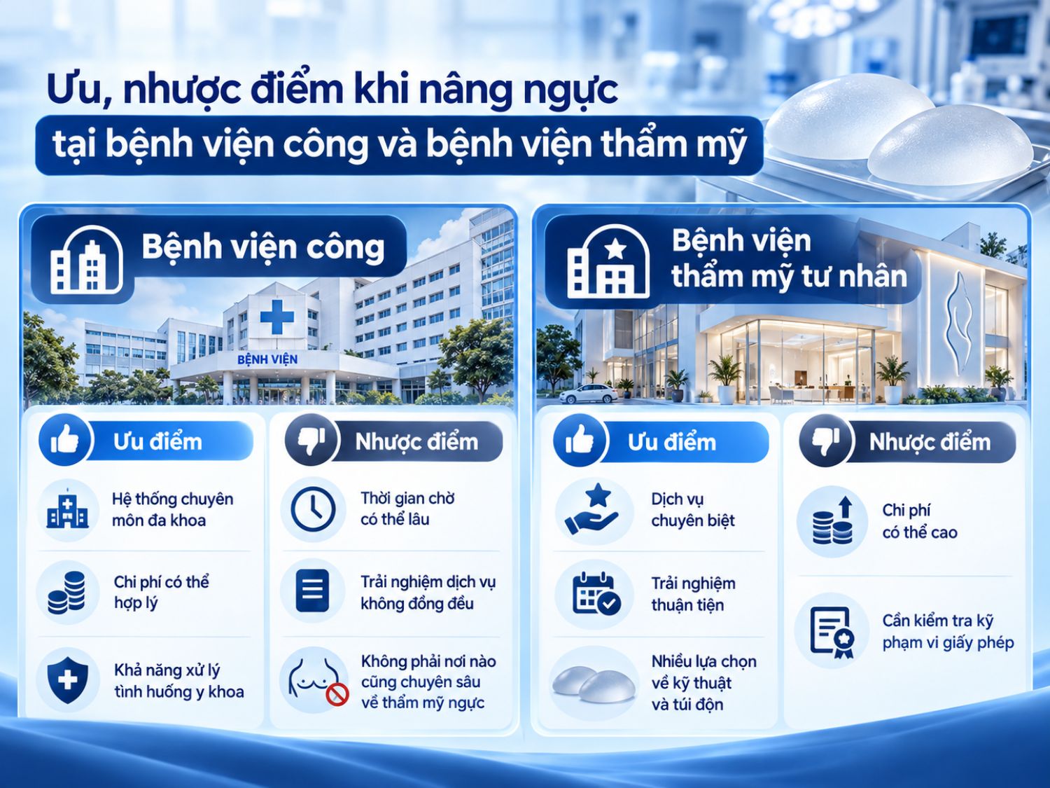 Nâng ngực tại bệnh viện công và bệnh viện thẩm mỹ tư nhân có những ưu, nhược điểm riêng về chi phí, chuyên môn, thời gian chờ và trải nghiệm dịch vụ. Khách hàng nên lựa chọn cơ sở được cấp phép, có bác sĩ đủ chuyên môn và điều kiện phẫu thuật an toàn.