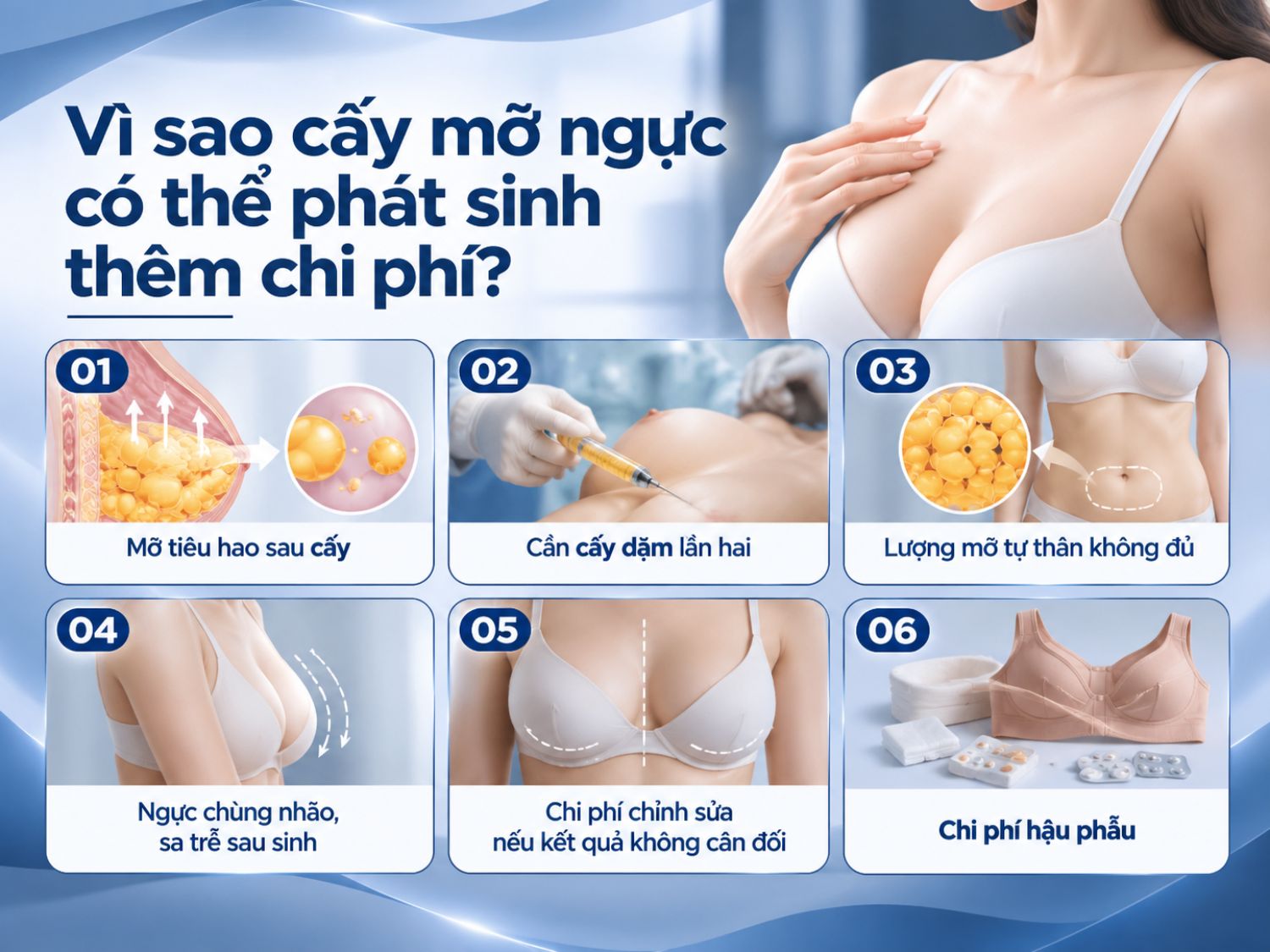 Chi phí cấy mỡ ngực có thể tăng nếu lượng mỡ sau cấy bị tiêu hao nhiều, cần cấy bổ sung hoặc kết hợp xử lý tình trạng ngực chùng nhão, sa trễ. Ngoài ra, chi phí chỉnh sửa kết quả không cân đối và chăm sóc hậu phẫu cũng cần được dự trù trước khi thực hiện.