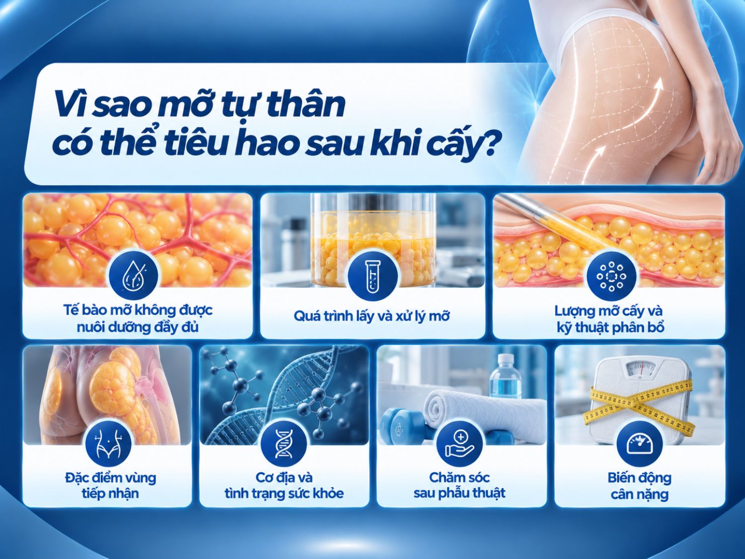 Sau cấy mỡ tự thân, một phần tế bào mỡ có thể không tồn tại lâu dài do chưa được cung cấp máu và dưỡng chất đầy đủ. Tỷ lệ mỡ duy trì phụ thuộc vào kỹ thuật lấy, xử lý và phân bổ mỡ, đặc điểm vùng cấy, tình trạng sức khỏe, biến động cân nặng và quá trình chăm sóc sau phẫu thuật.