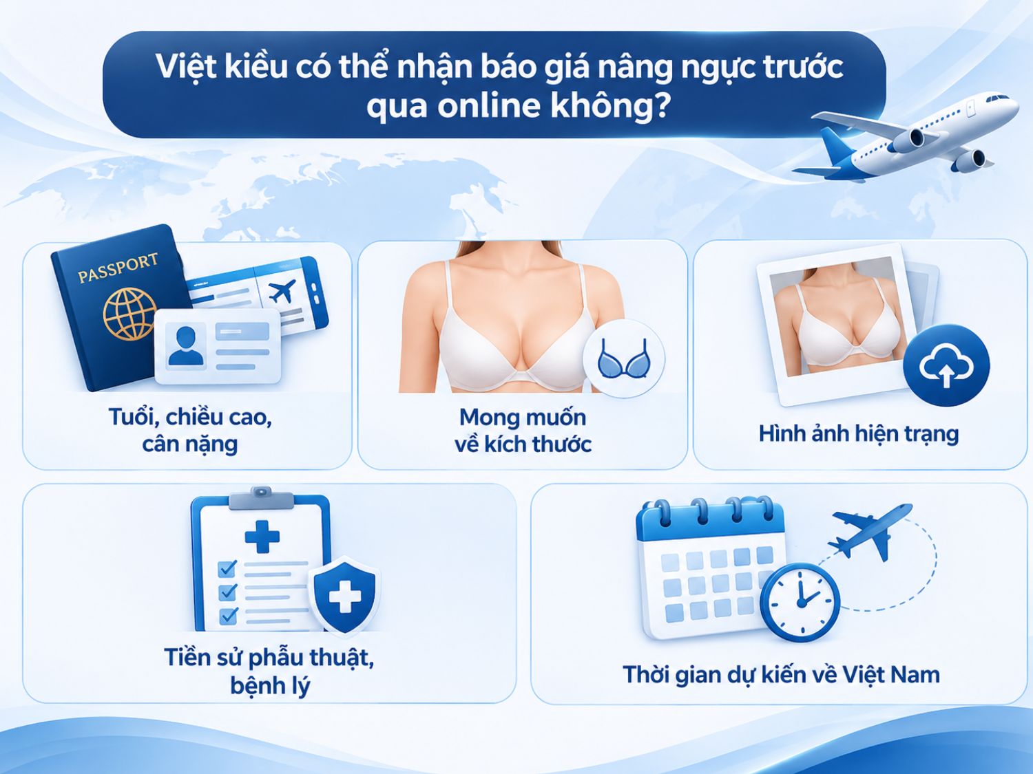 Việt kiều có thể nhận tư vấn và báo giá nâng ngực sơ bộ qua online bằng cách cung cấp thông tin cơ thể, nhu cầu thẩm mỹ, tiền sử sức khỏe và lịch trình về Việt Nam. Chi phí chính xác sẽ được xác định sau khi bác sĩ trực tiếp thăm khám và đánh giá tình trạng thực tế.