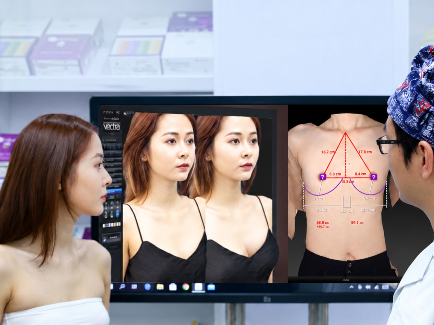 Công nghệ mô phỏng hình dáng vòng một giúp khách hàng hình dung kết quả nâng ngực dự kiến trước phẫu thuật. Bác sĩ kết hợp phân tích số đo lồng ngực, đặc điểm mô tuyến vú và tỷ lệ cơ thể để tư vấn kích thước túi ngực phù hợp. Hình ảnh mô phỏng chỉ mang tính tham khảo, không bảo đảm kết quả thực tế hoàn toàn giống dự kiến.