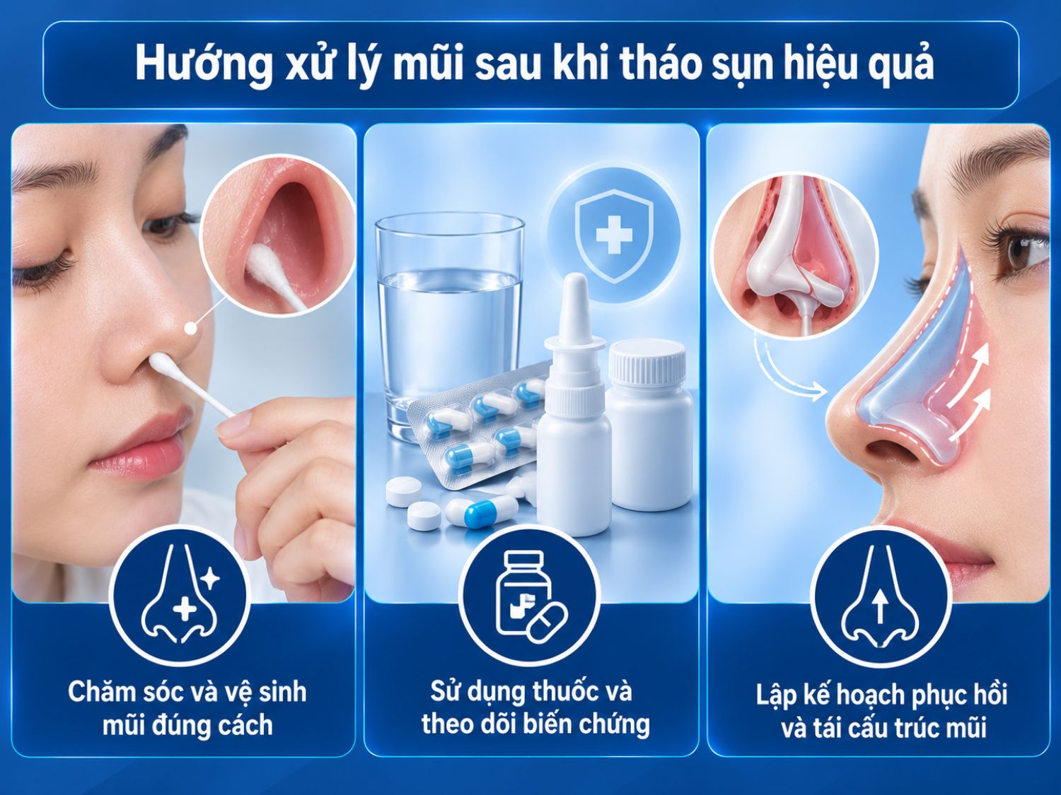 Sau tháo sụn, cần chăm sóc và vệ sinh mũi đúng cách, dùng thuốc theo chỉ định, theo dõi biến chứng và lên kế hoạch phục hồi hoặc tái cấu trúc khi mô đã ổn định.