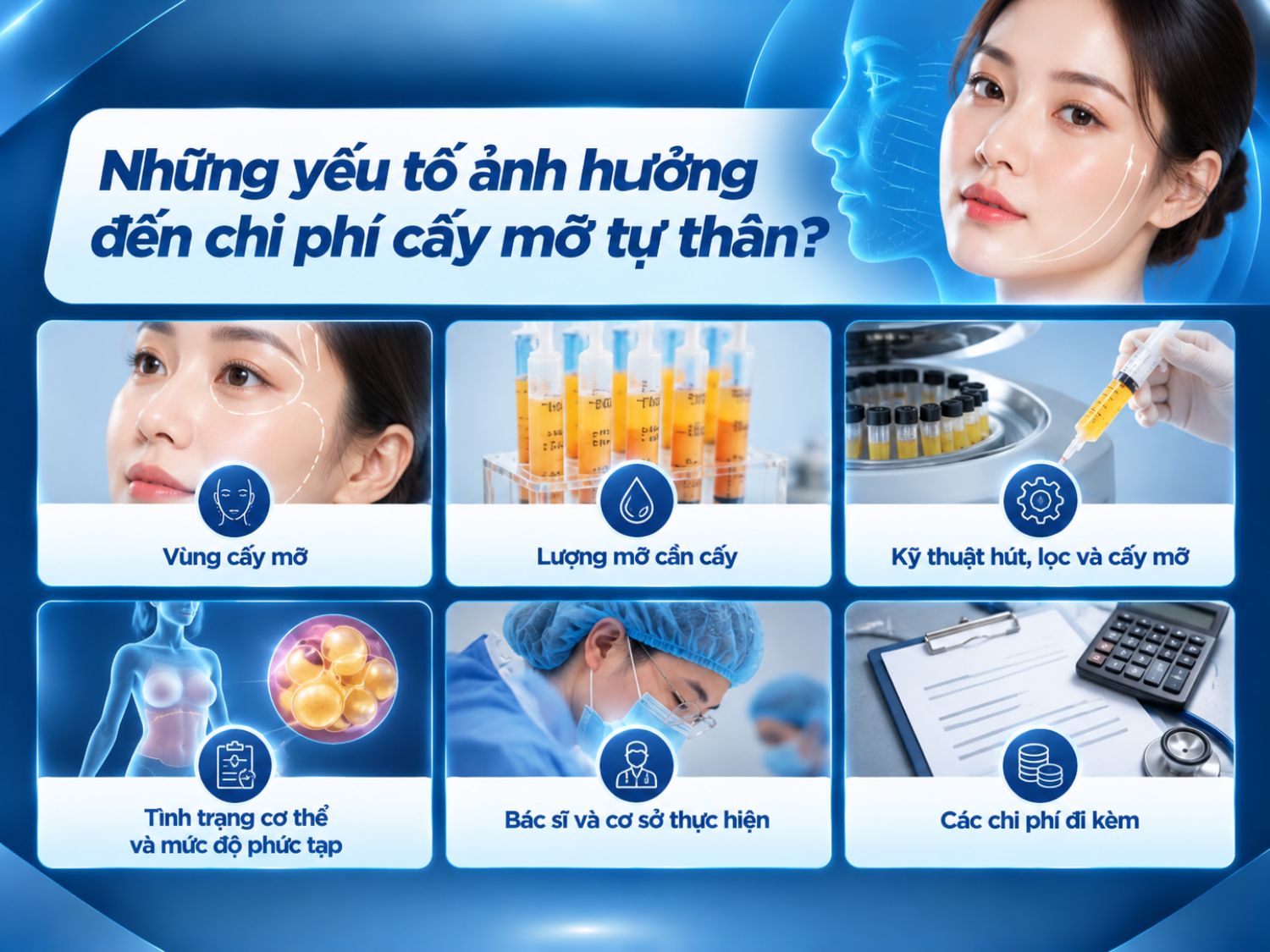 Chi phí cấy mỡ tự thân phụ thuộc vào vùng điều trị, lượng mỡ cần cấy, kỹ thuật hút lọc mỡ, mức độ phức tạp, bác sĩ thực hiện và các khoản chi phí phát sinh.