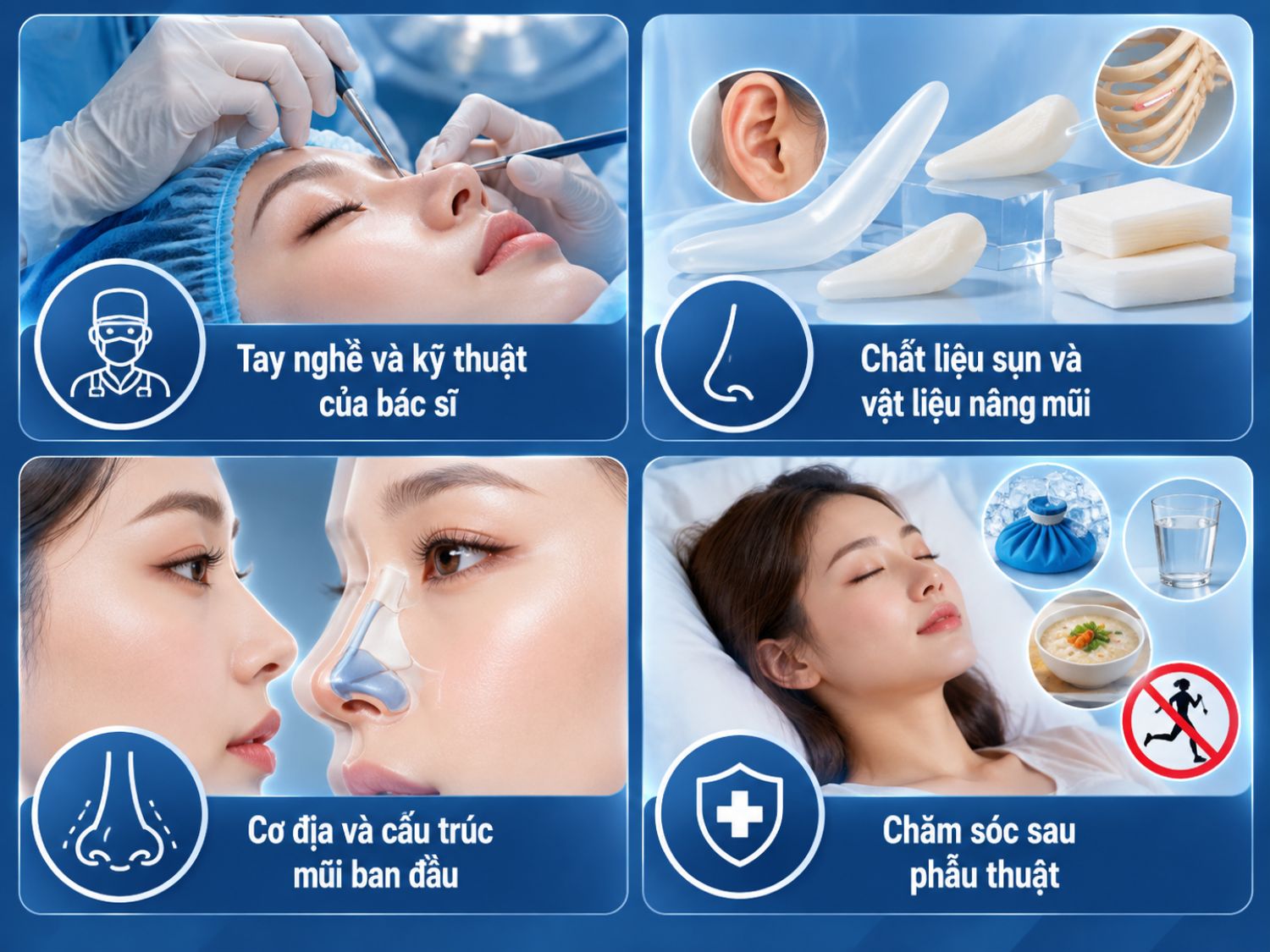 Kết quả nâng mũi phụ thuộc vào tay nghề bác sĩ, chất liệu sụn và vật liệu nâng, cấu trúc mũi ban đầu cũng như quá trình chăm sóc sau phẫu thuật.