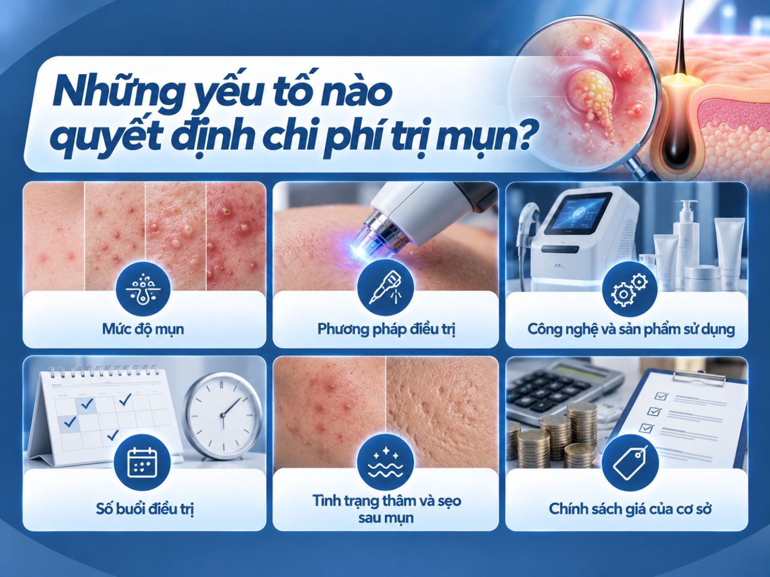 Chi phí trị mụn phụ thuộc vào mức độ mụn, phương pháp điều trị, công nghệ sử dụng và số buổi cần thực hiện. Tình trạng thâm sẹo sau mụn và chính sách giá của từng cơ sở cũng ảnh hưởng đến tổng chi phí.