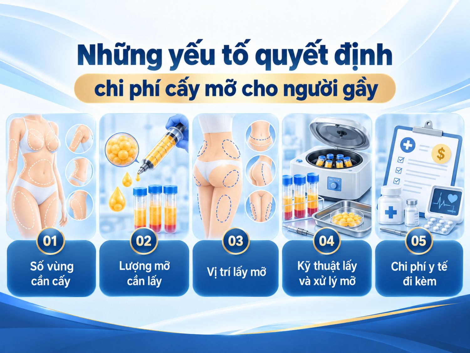 Chi phí cấy mỡ cho người gầy phụ thuộc vào số vùng điều trị, lượng mỡ tự thân có thể lấy, kỹ thuật thực hiện và các khoản chi phí y tế liên quan.