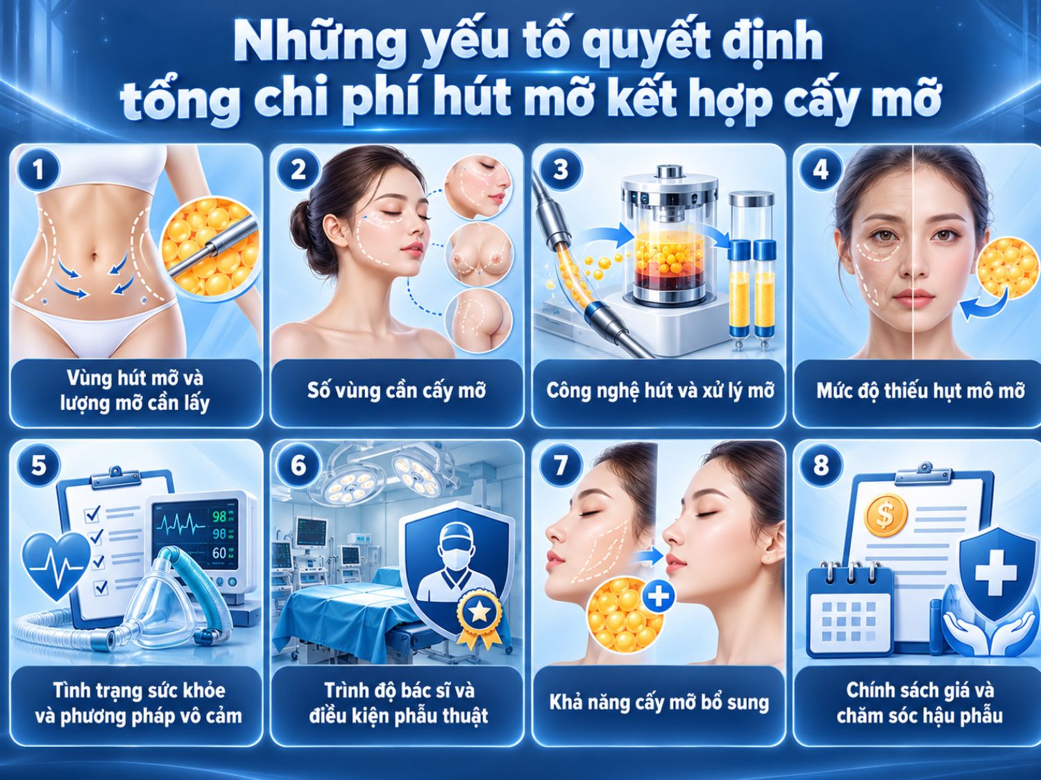 Tổng chi phí hút mỡ kết hợp cấy mỡ phụ thuộc vào vùng thực hiện, lượng mỡ cần xử lý, công nghệ áp dụng và điều kiện phẫu thuật.