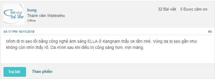 Review nhận xét kết quả sau khi điều trị sẹo lồi tại Kangnam từ cộng đồng Webtretho