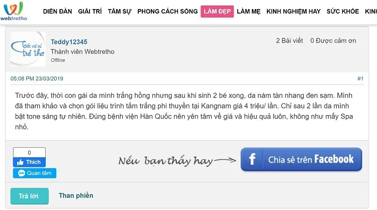 Chia sẻ trên webtretho của một khách hàng tắm trắng phi thuyền Kangnam