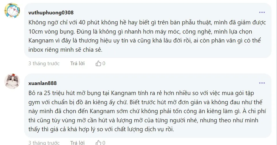 Review đánh giá của khách hàng khi hút mỡ tại Kangnam